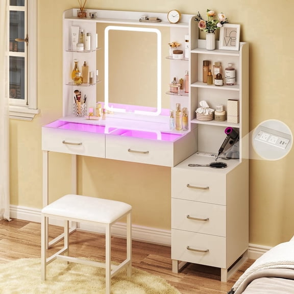 Tomnk Vanity Desk with Mirror and Lights, 43" Makeup Vanity with Glass Top & Rgb Light, Built-in Power Outlet, White Vanity with Chair for Bedroom