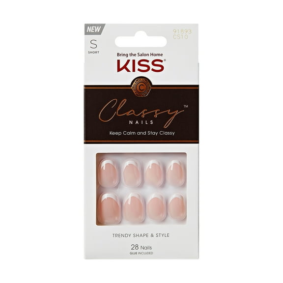 KISS Classy French Tip Press On Nails, Exclusive Only, White, Short Oval, 28 Count