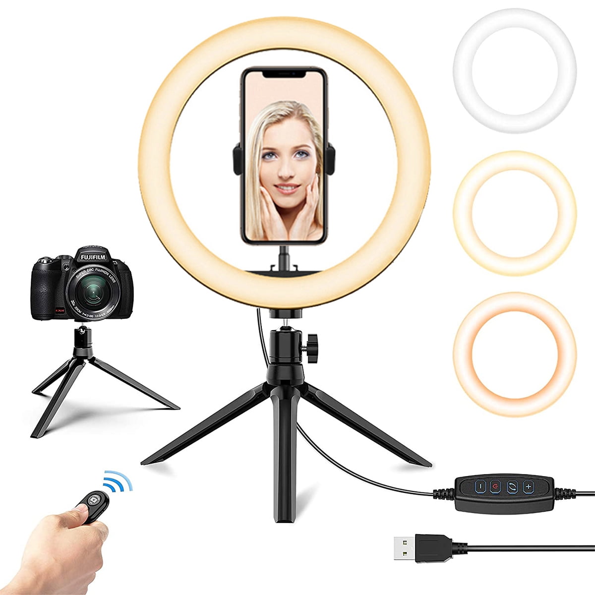 3 Lighting Modes and 10 Brightness Levels of Dimmable Tabletop LED Ring Light for YouTube Video/Live Streaming/Selfie/Vlog/Photography/Makeup 10 Inch Ring Light with Stand & Phone Holder