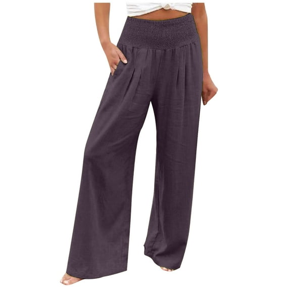 Wide Leg Pants for Women High Waisted Smocked Flowy Palazzo Pant Loose Fit Pleated Summer Beach Pants with Pockets