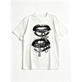 thumbnail image 2 of Women's Oversized White T-Shirt with Black Double Lips Graphic, Loose Fit Casual Tee Top, 2 of 7