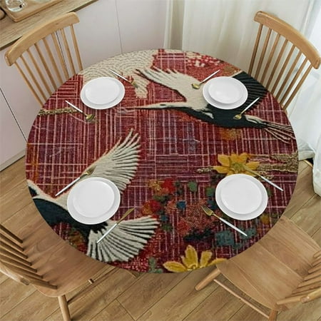 

Patifu Birds Flowers Building Round Tablecloth 100% Polyester for Picnic Dining Kitchen Farmhouse with Elastic Edge 42 -46