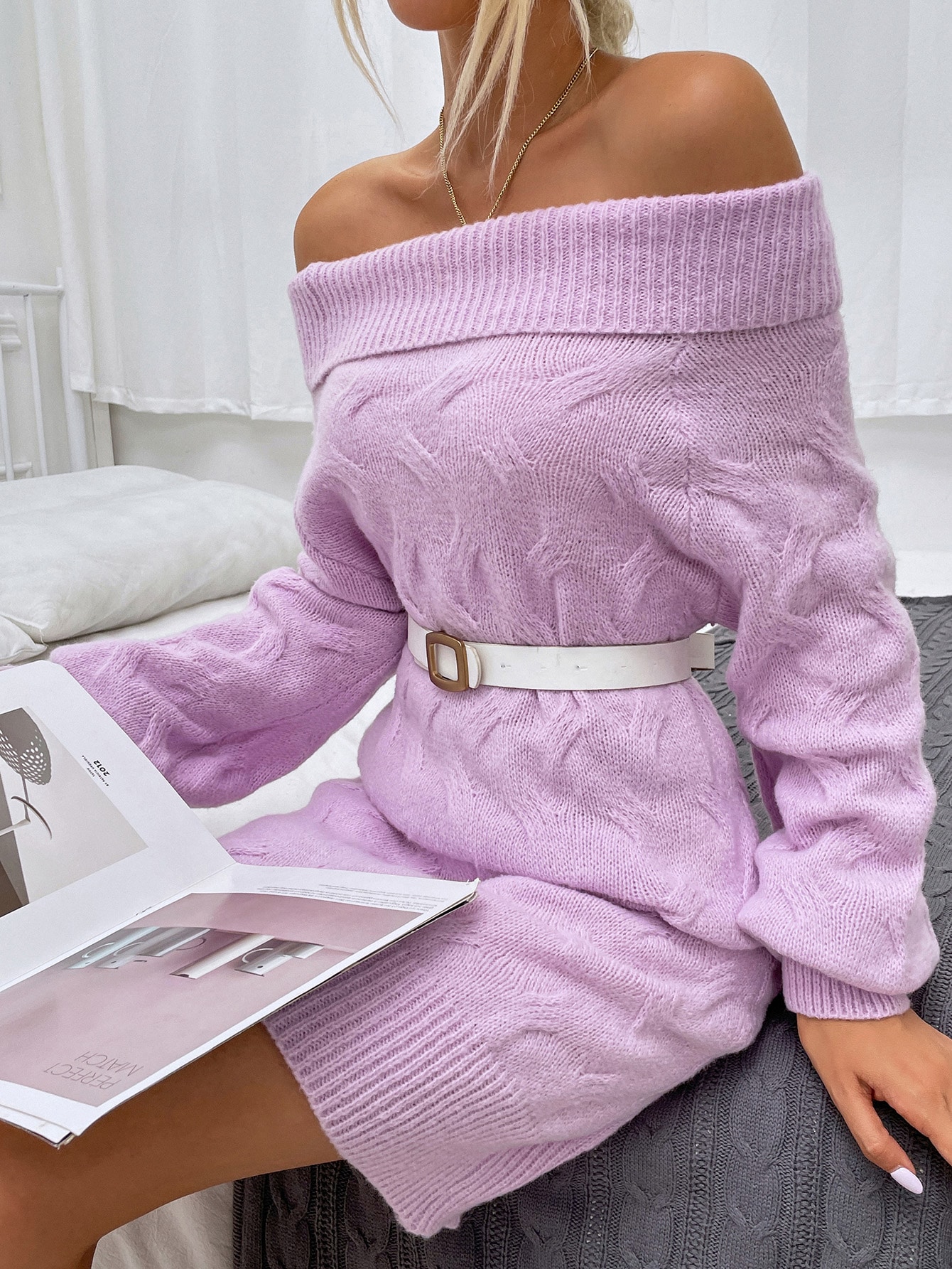 Mauve Purple Off Shoulder Sweater Dress 