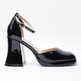 thumbnail image 5 of Women's Black Smooth Patent Leather Pumps Chunky Block Heel Platform Dress Shoes Ankle Strap Mary Jane Heels for Office, 5 of 7