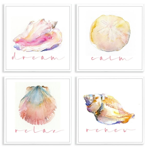 Stupell Industries Watercolor Seashells with Phrases Nautical & Beach Painting Unframed Art Print Wall Art, 12 x 12, Set of 4