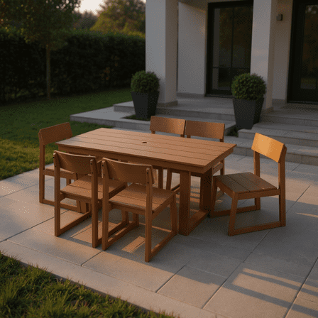 7-Piece HDPE Outdoor Dining Set for 6 – Weather-Resistant Patio Table with Umbrella Hole & 6 Armless Chairs, UV-Protected HDPE Construction, Perfect for Backyard, Deck & Poolside (Brown Finish)