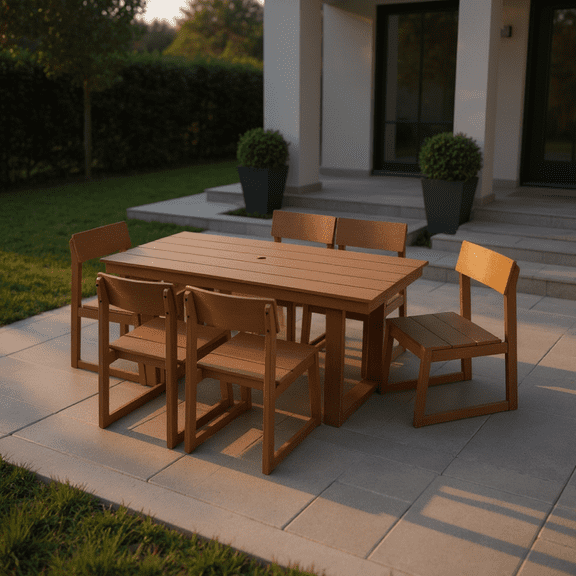 7-Piece HDPE Outdoor Dining Set for 6 – Weather-Resistant Patio Table with Umbrella Hole & 6 Armless Chairs, UV-Protected HDPE Construction, Perfect for Backyard, Deck & Poolside (Brown Finish)