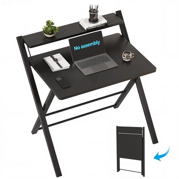 Black 2-Tier Compact Foldable Desk With Shelf, No Assembly Space Saving Laptop Table For Home Office Or Bedroom