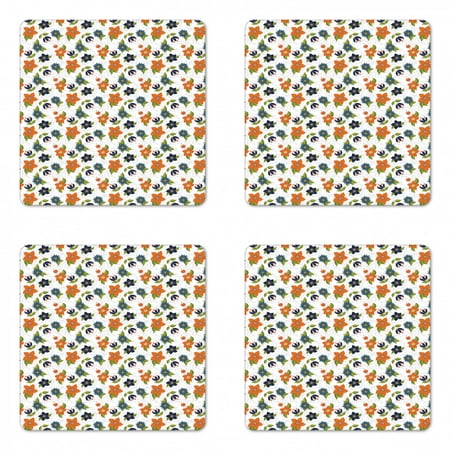 

Floral Coaster Set of 4 Romantic Pattern with Cartoon Abstract Flowers Leaves on Pastel Twig Branches Square Hardboard Gloss Coasters Standard Size Multicolor by Ambesonne