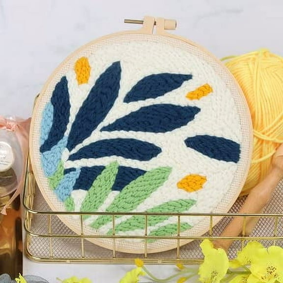 Punch Needle Embroidery Starter Kits for Kids and Adults Beginners with Punch Needle Tool,Threader, Stamped Fabric Embroidery,Hoop,Green Leaf Yarn Rug Punch Needle