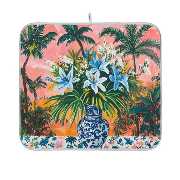 Yayeee Dish Drying Mat for Kitchen Counter 16"x18" Microfiber Absorbent Pad, Blue Flowers