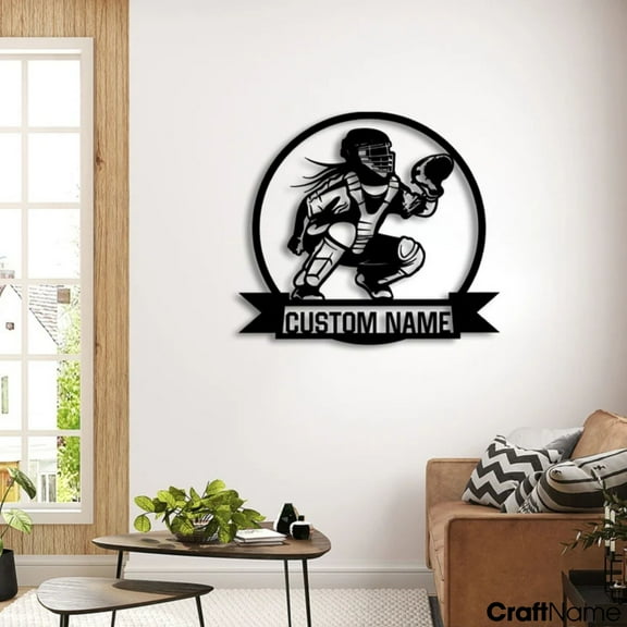 Craftnamesign Custom Softball Catcher Metal Sign LED Light, Softball Player Metal Wall Art