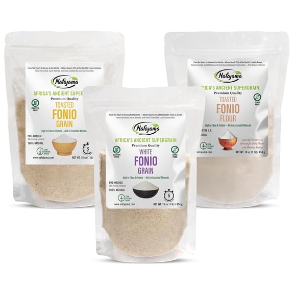 Nafajama Variety Fonio Pack (3 x 3 lb) – White Grain, Toasted Grain & Toasted Flour | Gluten-Free Ancient Grain | Non-GMO, Vegan, High-Fiber Rice Alternative