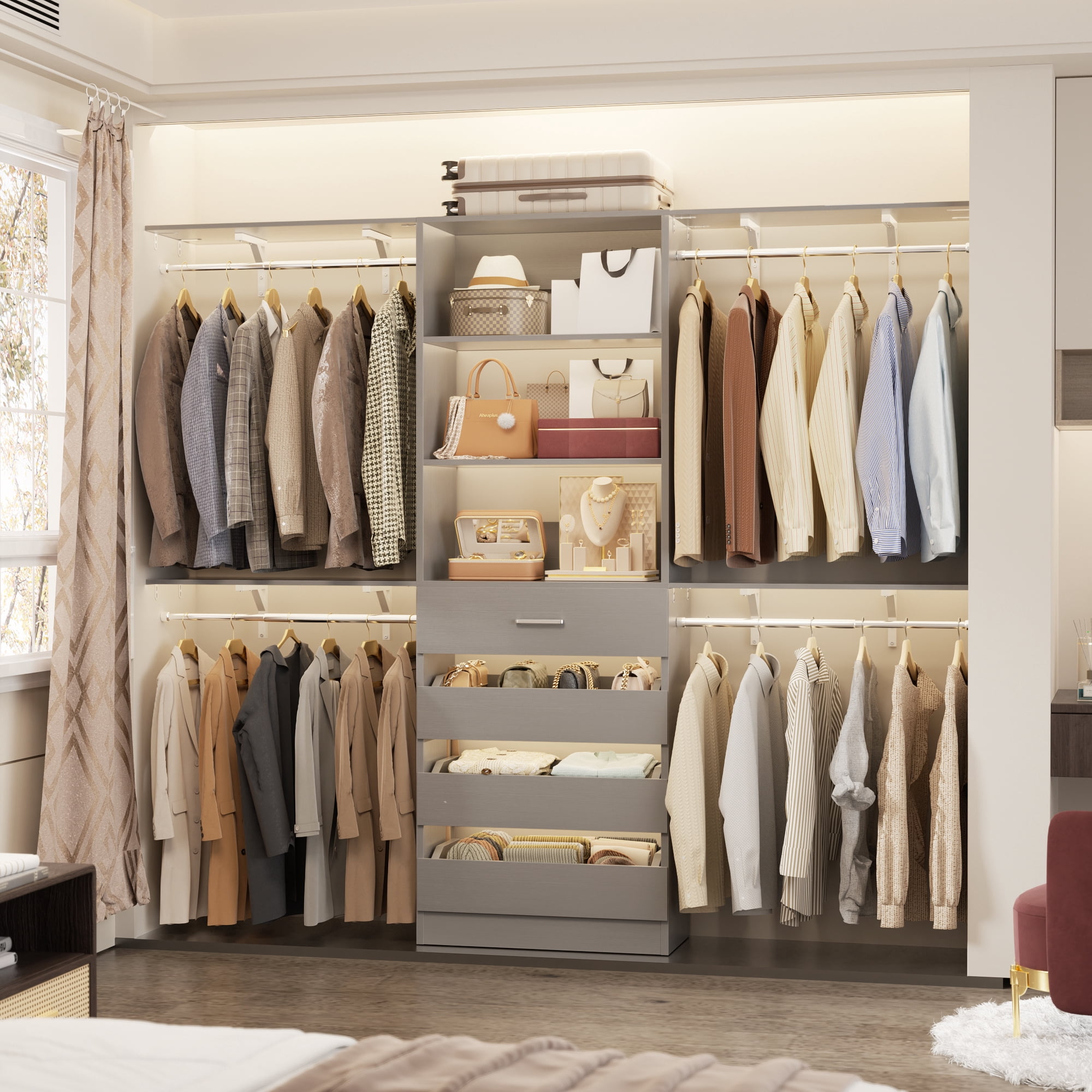 Homieasy 8FT Walk-in Closet System with 4 Wooden Drawers & 4 Hanging Rods , Heavy-Duty Closet Organizer for Bedroom/Laundry Room ,96'' Wardrobe Tower, Garment Rack, Gray