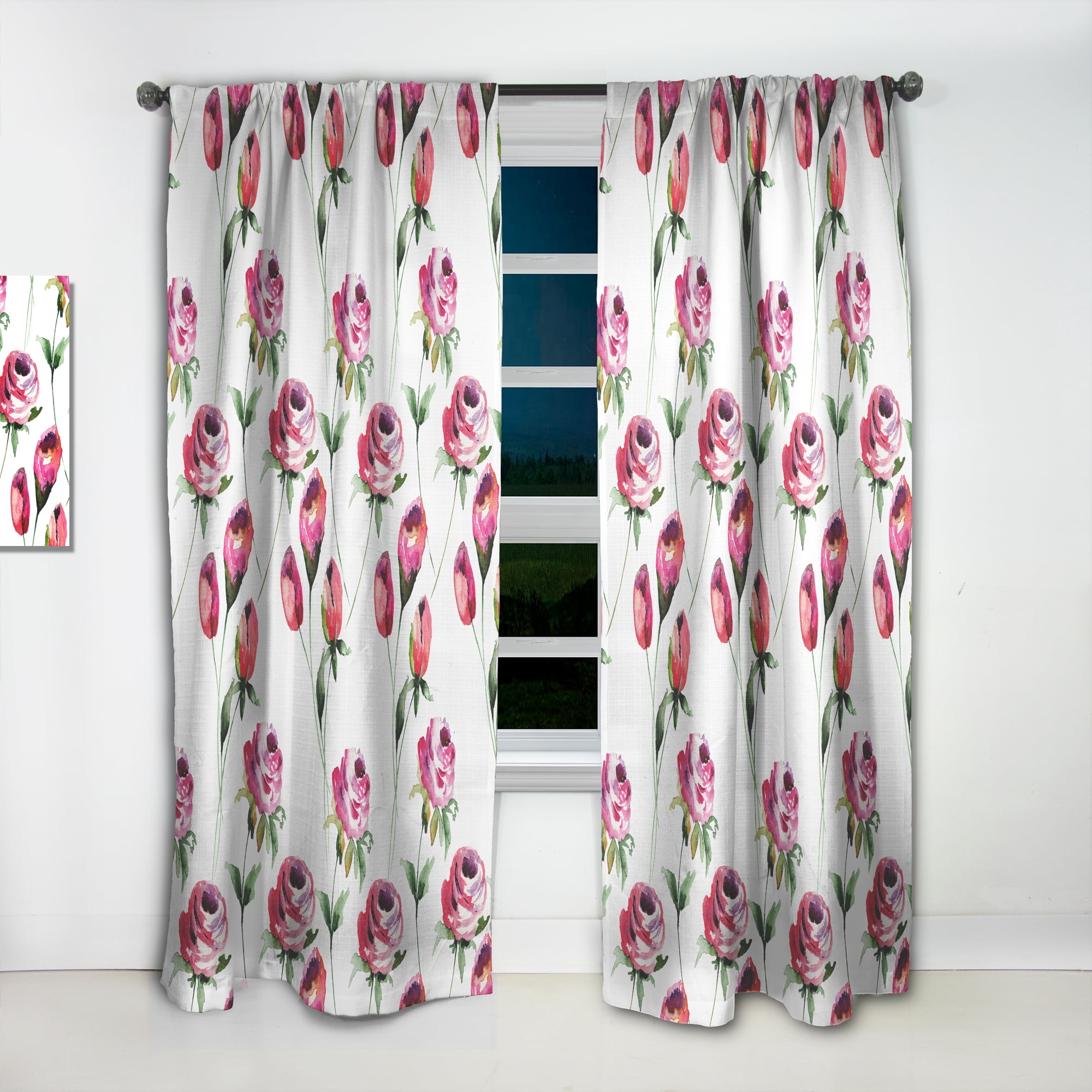 Designart 'Roses Flowers Pattern On White' Mid-Century Modern Curtain Panel