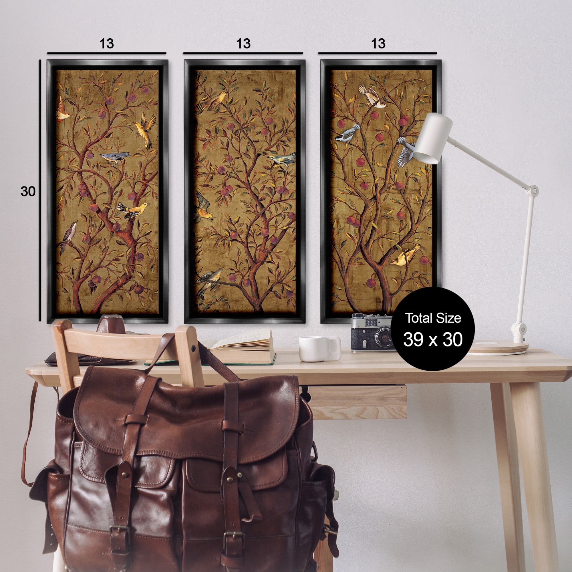Stupell Industries Regal Plum Tree with Perched Birds Animals & Insects Painting Black Floater Framed Canvas Art Print Wall Art, 15 x 31, Set of 3
