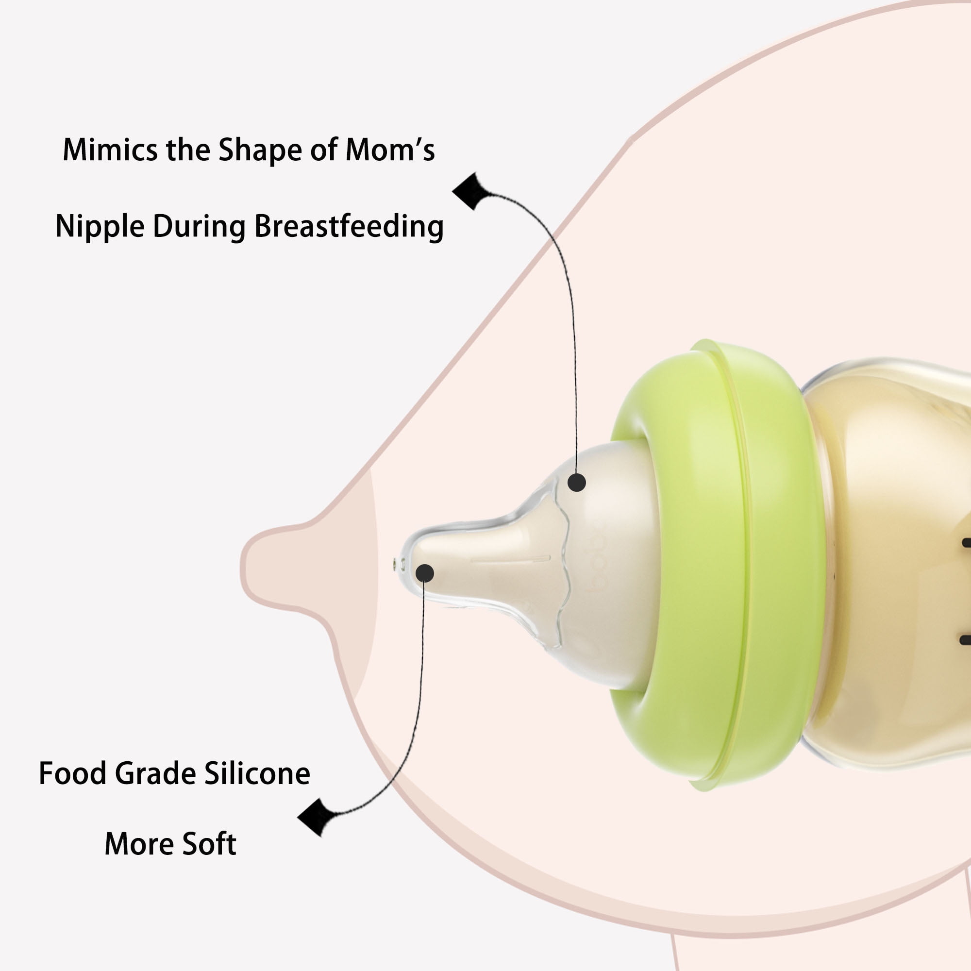 YOHKOH 5.4oz Baby Bottles,Mushroom Cap,Wide-neck,Natural Flow Nipple,0-3m+ Infant,Green