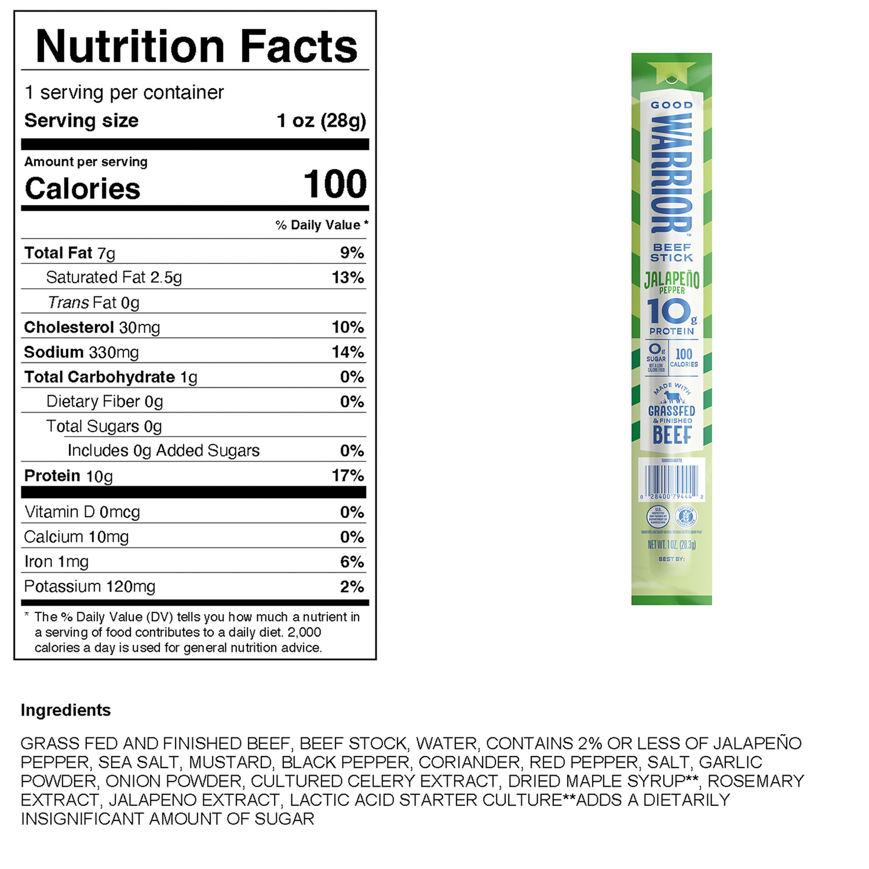 Good Warrior Grassfed & Finished Jalapeno Pepper Beef Sticks, 1 oz