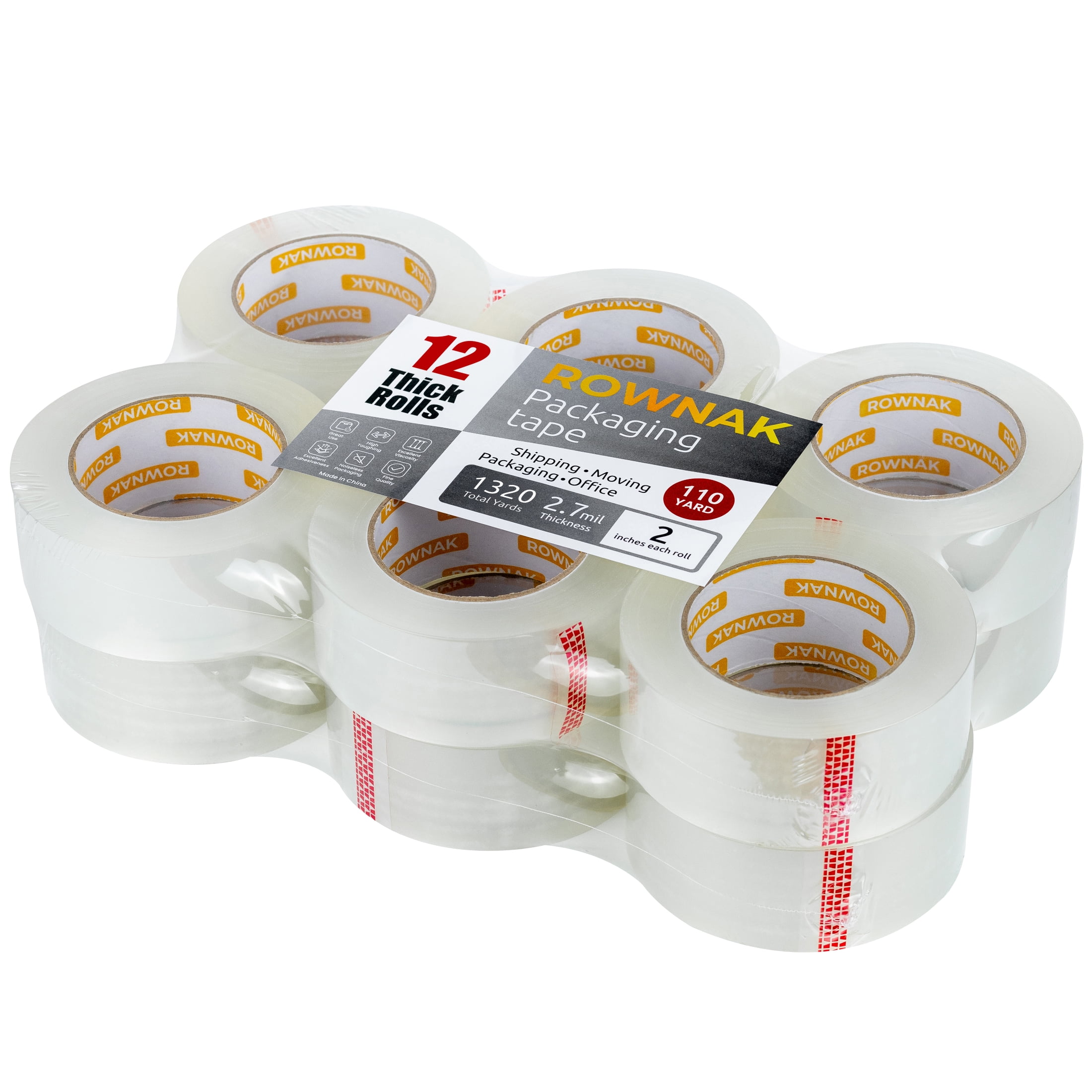 ROWNAK Clear Heavy Duty Packaging Tape- 12 Rolls, 2.0 in.Wide x 110 Yards, 2.7mil Thick