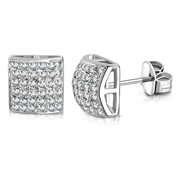 925 Sterling Silver Square White Clear CZ Screw Back Stud Earrings, 0.35"