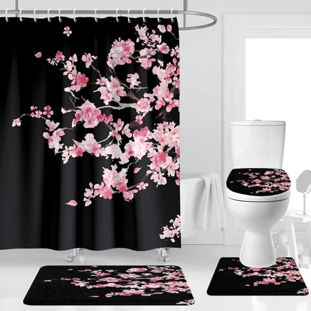 4 Pcs Pink Cherry Blossom Shower Curtain Set 60x72 Inch Black Floral Sakura Tree Gothic Style Japanese Anime Bathroom Decor with Non-Slip Rug Toilet Lid Cover U Shaped Mat and 12 Hooks