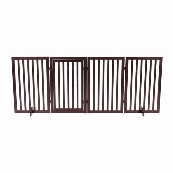 TRIXIE Freestanding 4-Panel Pet Gate Foldable Pet Barrier Fence Convertible Pet Pen 24-in Tall Pet Walk Through Pet Door Brown