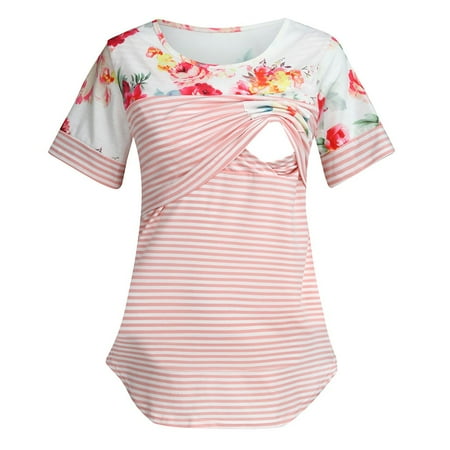 

Summer Savings Clearance! 2023 TUOBARR Tops for Womens Short Sleeve Floral Stripe Nursing T-shirt Top For Breastfeeding Pink 6