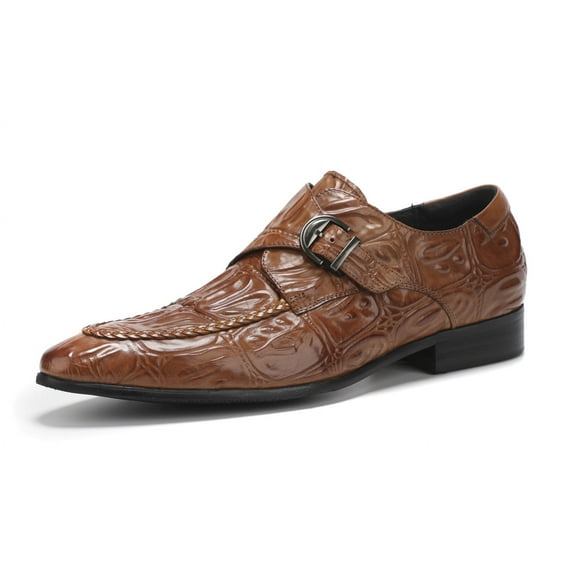 Santimon Chaussures Habillées Brunes pour Hommes, Mocassins à Enfiler à Motif Grain de Crocodile, Mode, Bride Unique, Chaussures Monk, US 9.5