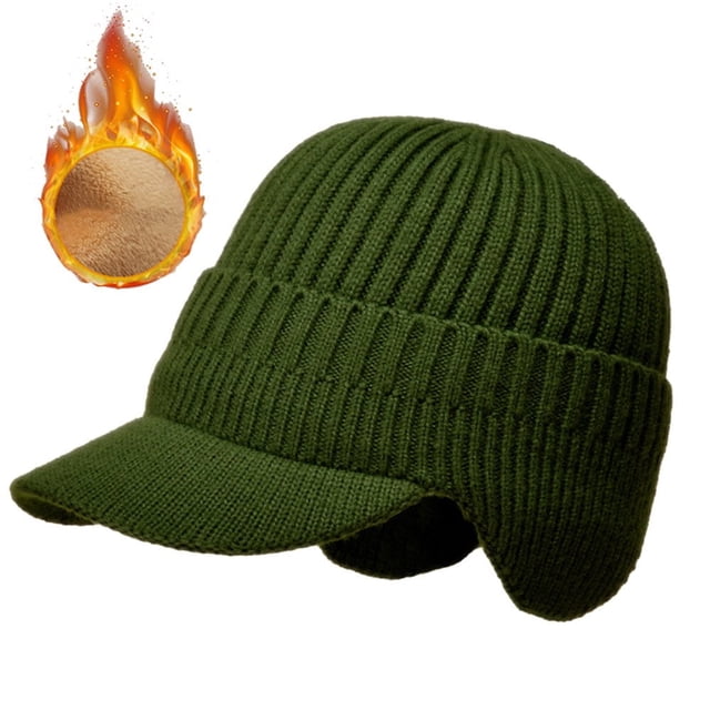 Gorro de invierno para hombre con visera y orejeras, tejido grueso con forro de felpa y calaveras, resistente al viento, color verde militar