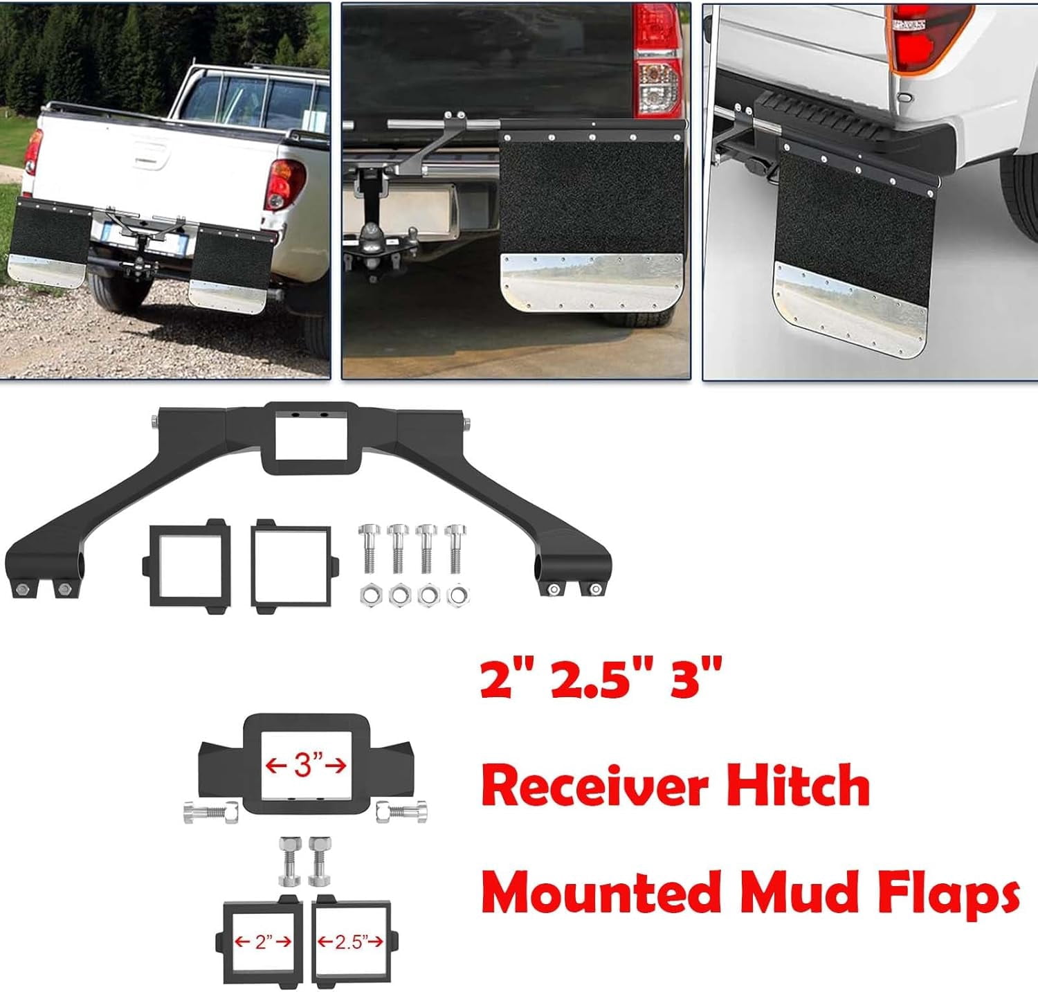 2" 2.5" 3" Hitch Mounted Mud Flaps, W/Stainless Steel Mud Flap Weights/Backing Plate Universal Heavy-Duty Mud Flaps System Height and Width Adjustable for Most Types of Vehicles