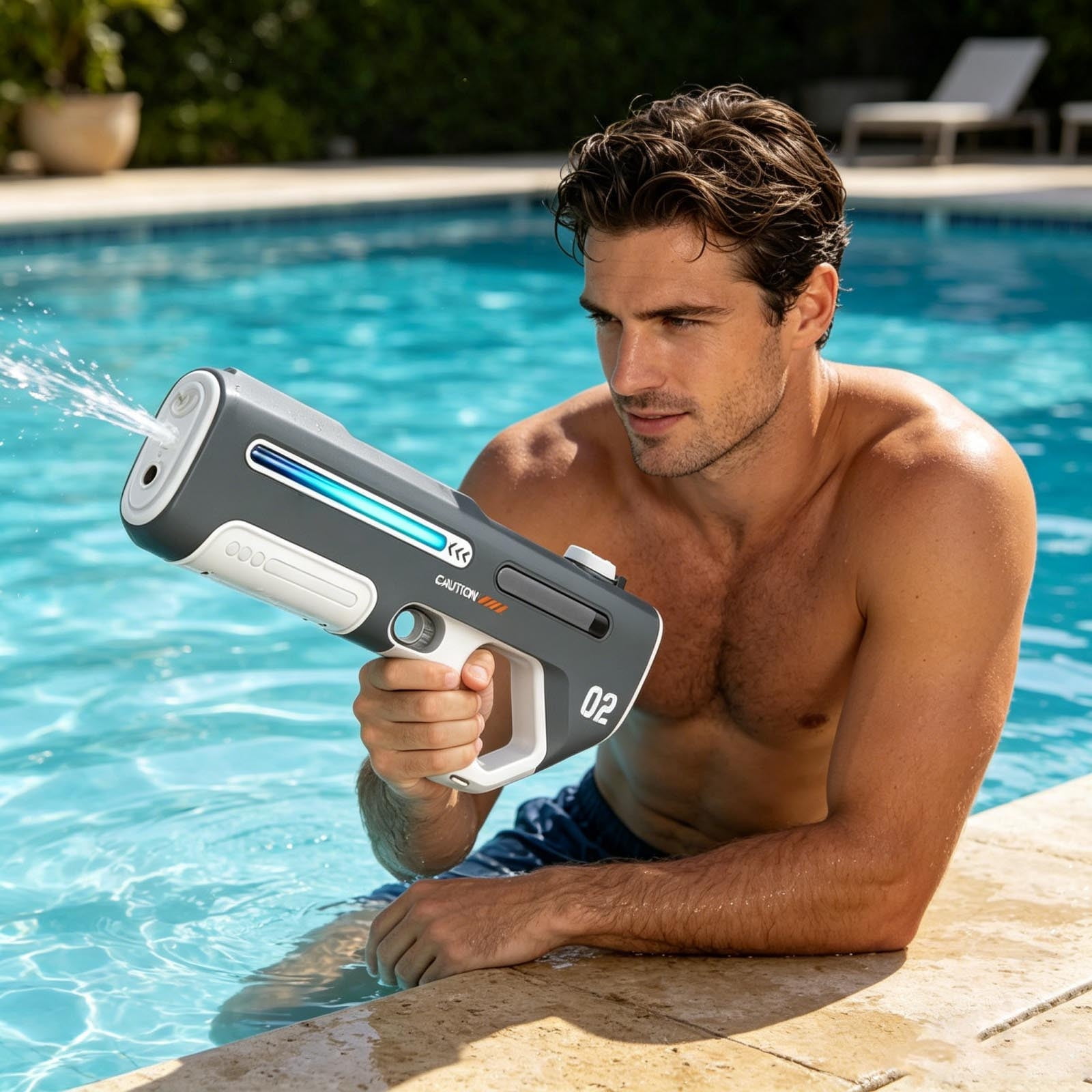 Battery Powered Water Gun with Automatic Water Absorption, LED Light Water Blaster, Summer Outdoor Beach Pool Play Gear
