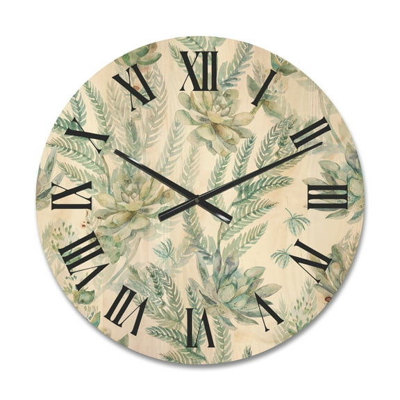 Designart 'Floral Seamless Pattern Succulents and Ferns Thorns' Farmhouse Wood Wall Clock
