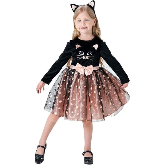 Huowey Little Halloween Dress Cat Animal Sequins Tulle Dress-Up Party Dresses With Headband Crew Neck Long Sleeve Trick Or Treat Cute Festival Clothes,Black,2-3 Years
