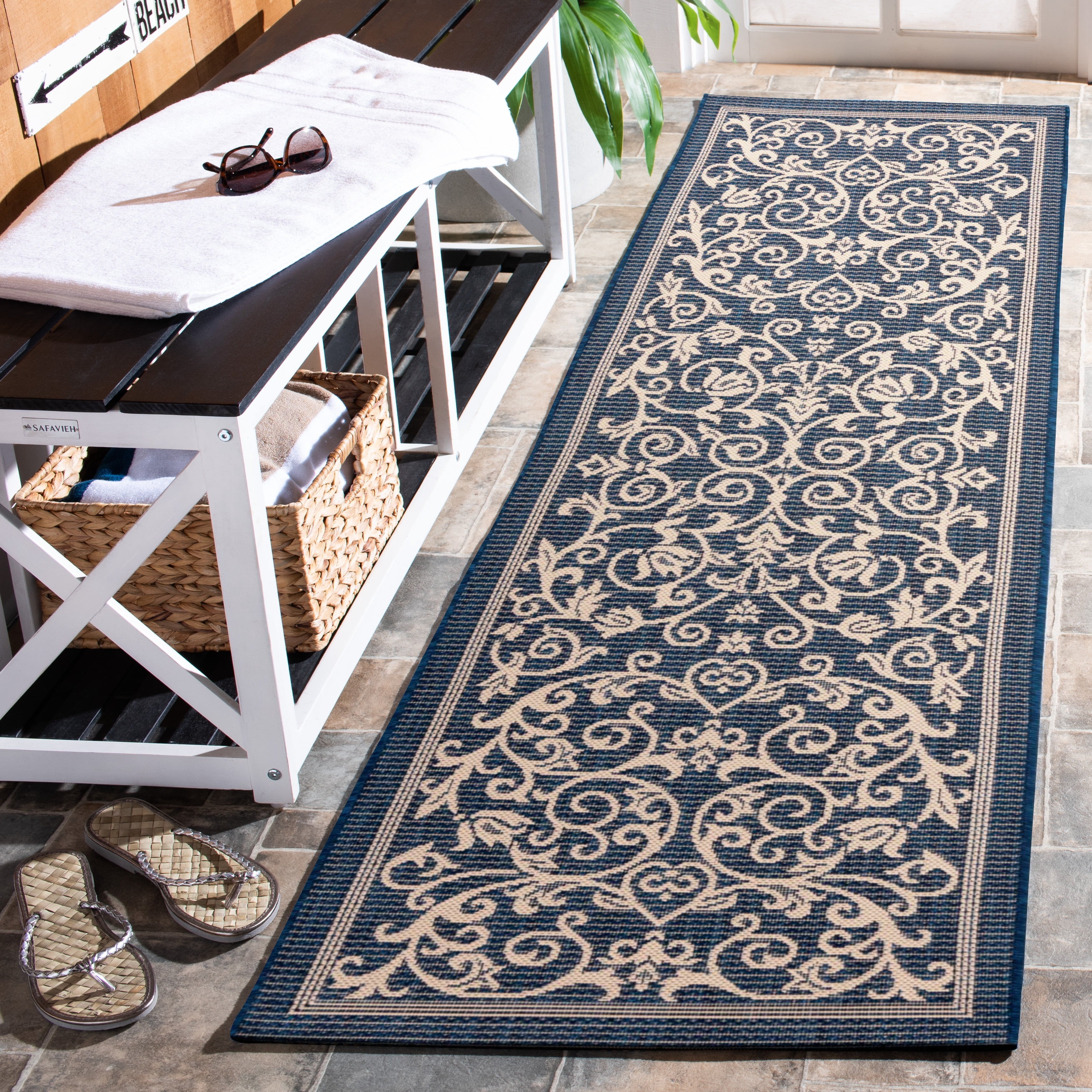 Safavieh Courtyard Nanda Botanical Indoor/Outdoor Runner Rug, Navy/Beige, 2'3" x 10'
