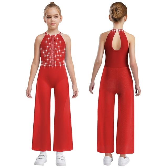 inlzdz Combinaison Pailletée Sans Manches pour Filles Enfants Justaucorps à Col Licou Combinaison Pantalon Transparente à Jambe Grand Salopettes Rouge 6