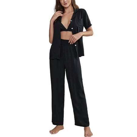 

Women Pajamas Front Cut Out Cami Pants Cotton Button Trim Nightwear Homewear Pajamas Set