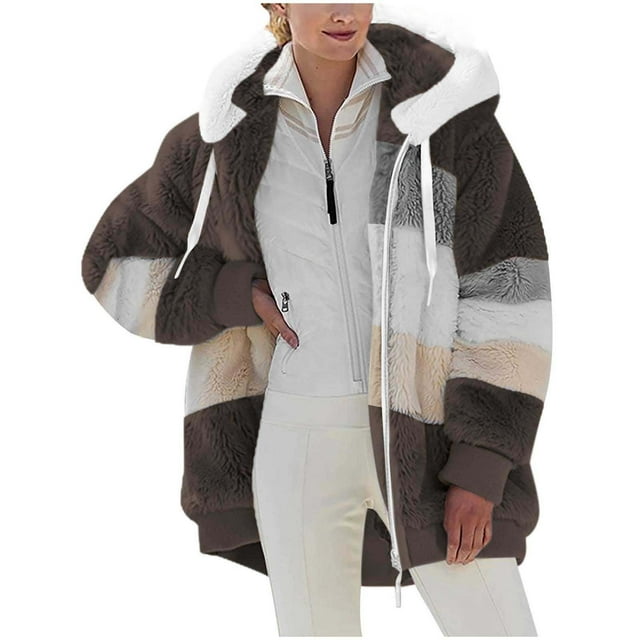 Atogsazn Veste en Sherpa Molletonné à Rayures pour Femmes Fermeture Éclair Complète Hiver Chaude à Capuche Manches Longues Mode Café