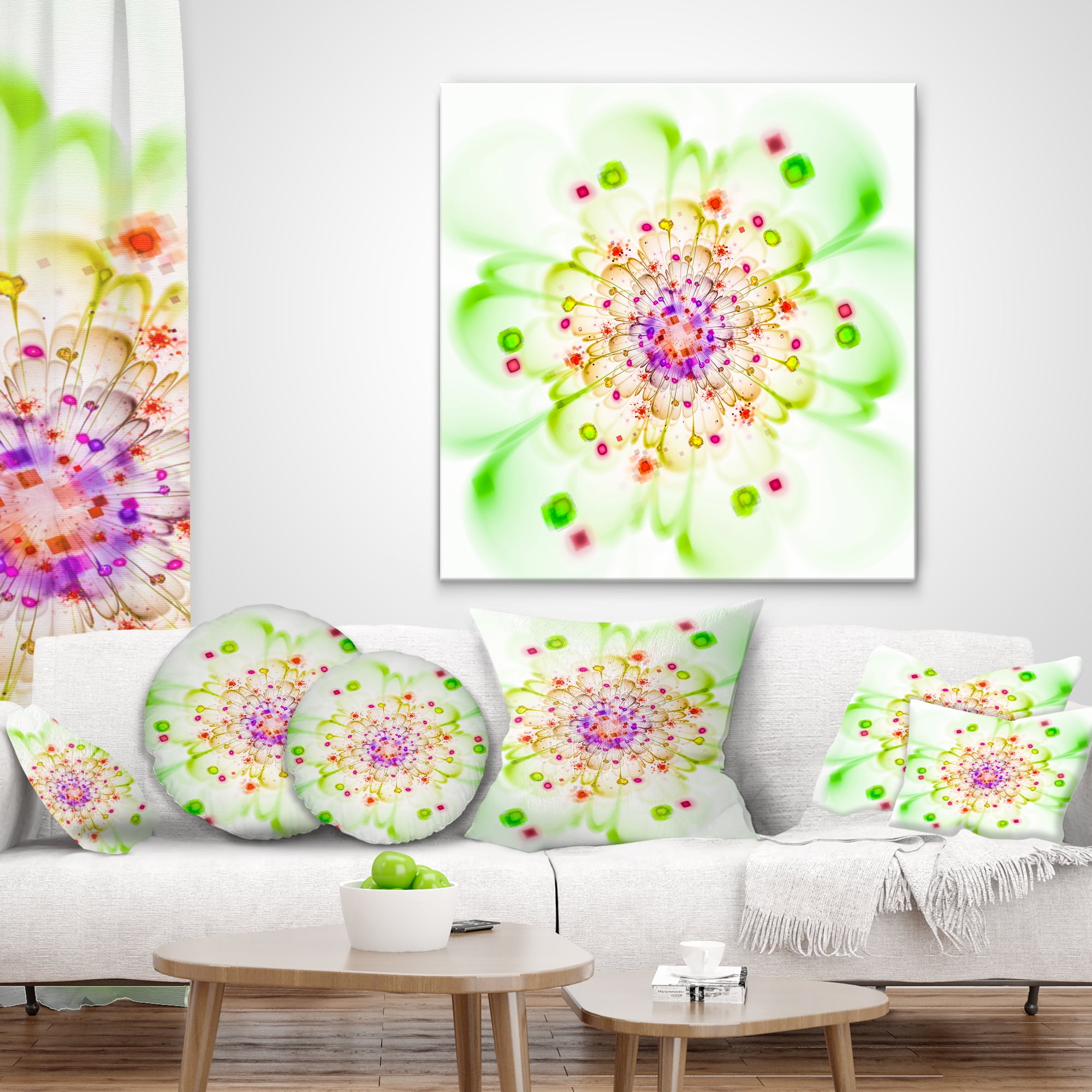 Designart Perfect Glowing Fractal Flower in Green - Floral Throw Pillow - 18x18
