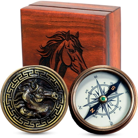 Navy Collection Compass -2 Inches with Wooden Storage Box – Detailed Horse Engraving on Both Compass and Box – Ideal for Collectors and Gifts