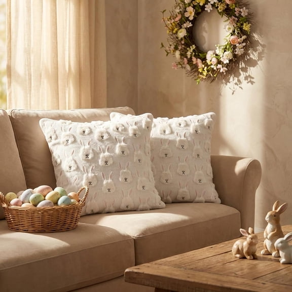 2pcs Plush 3D Easter Bunny Throw Pillows,Easter Pillow Covers - Easter Bunny Decor, Cozy Textured Cushions for Couch/Bed