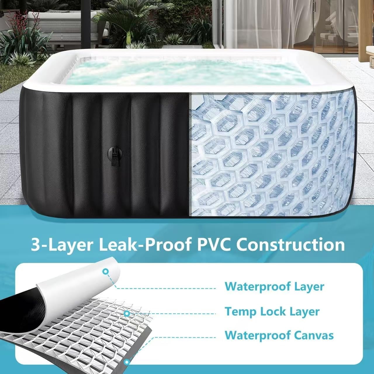 Outdoor Inflatable Hot Tub Spa for 6 Person, Square 240 Gallon Air Jet Hot Tub with 130 Bubble Jets, Pool Heater, Insulated Cover and Filters, Portable Hot Tubs for Patio, Backyard