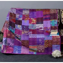 100% Silk Twin Quilt Kantha Blanket Bedspread Throw Blanket Hand Printed Gudri