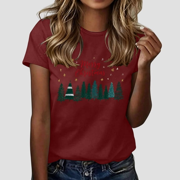 DIOAZUD Women's Christmas Graphic T Shirts Short Sleeve T-Shirts Holiday Xmas Tree Print Tees Casual Crew Neck Shirt