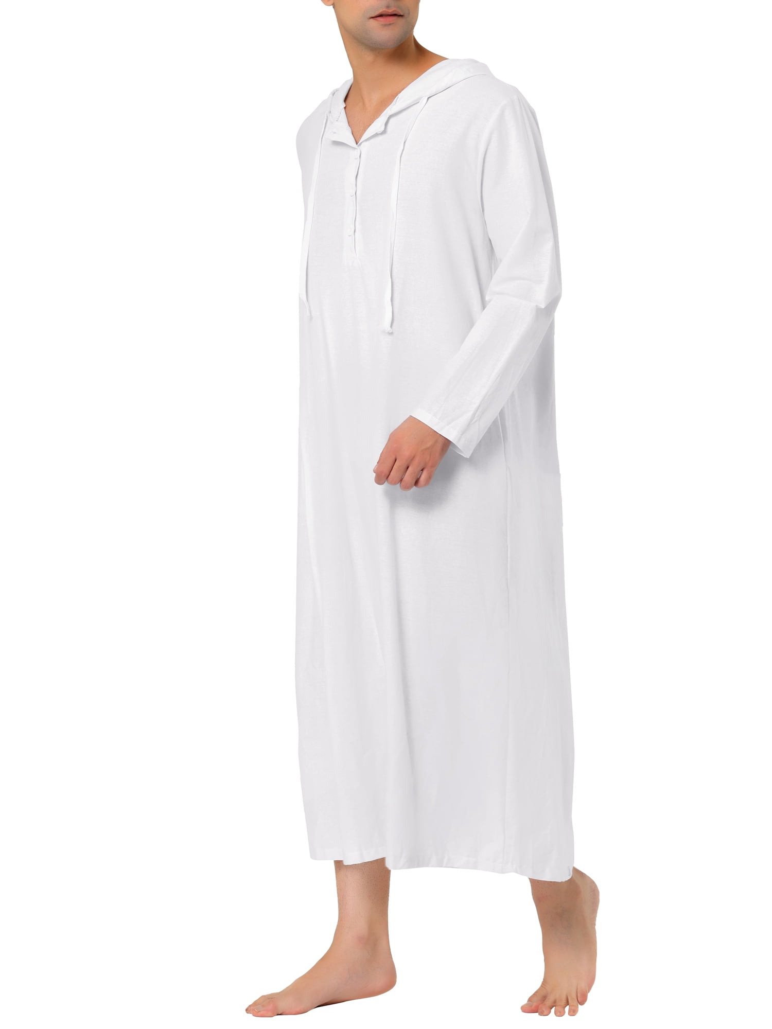 Unique Bargains Men's Nightshirt Long Sleeves Hooded Loungewear Nightgown Pajamas M White