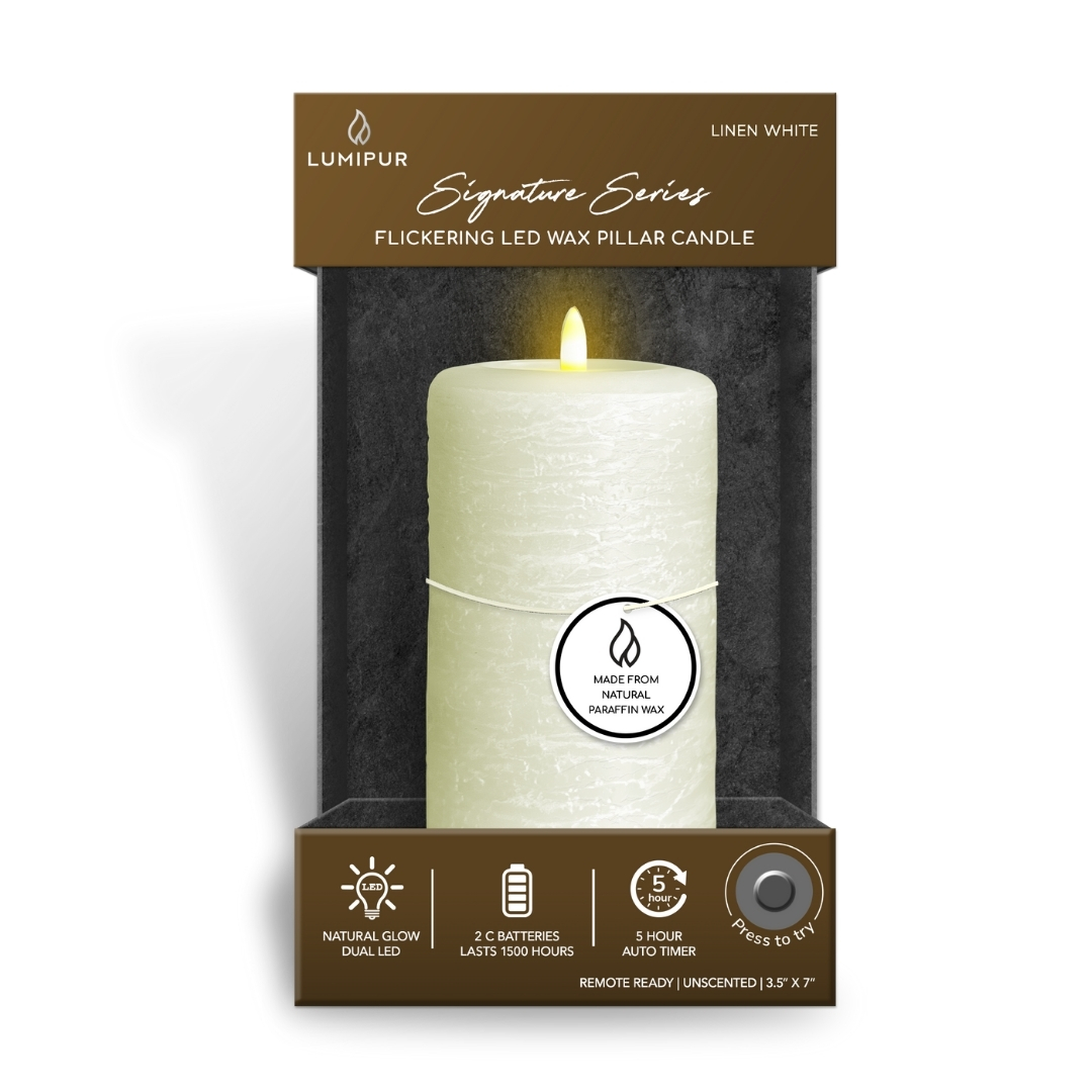 LumiPur Signature Natural Glow Flickering Flameless LED Wax Pillar Candle (3.5" x 7", Linen White)