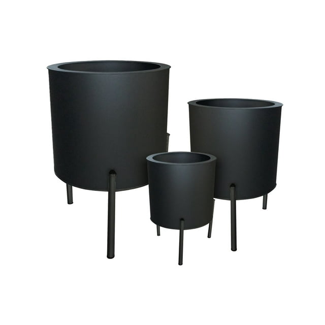 Set Of 3 Round Matte Black On Iron Legs Planters