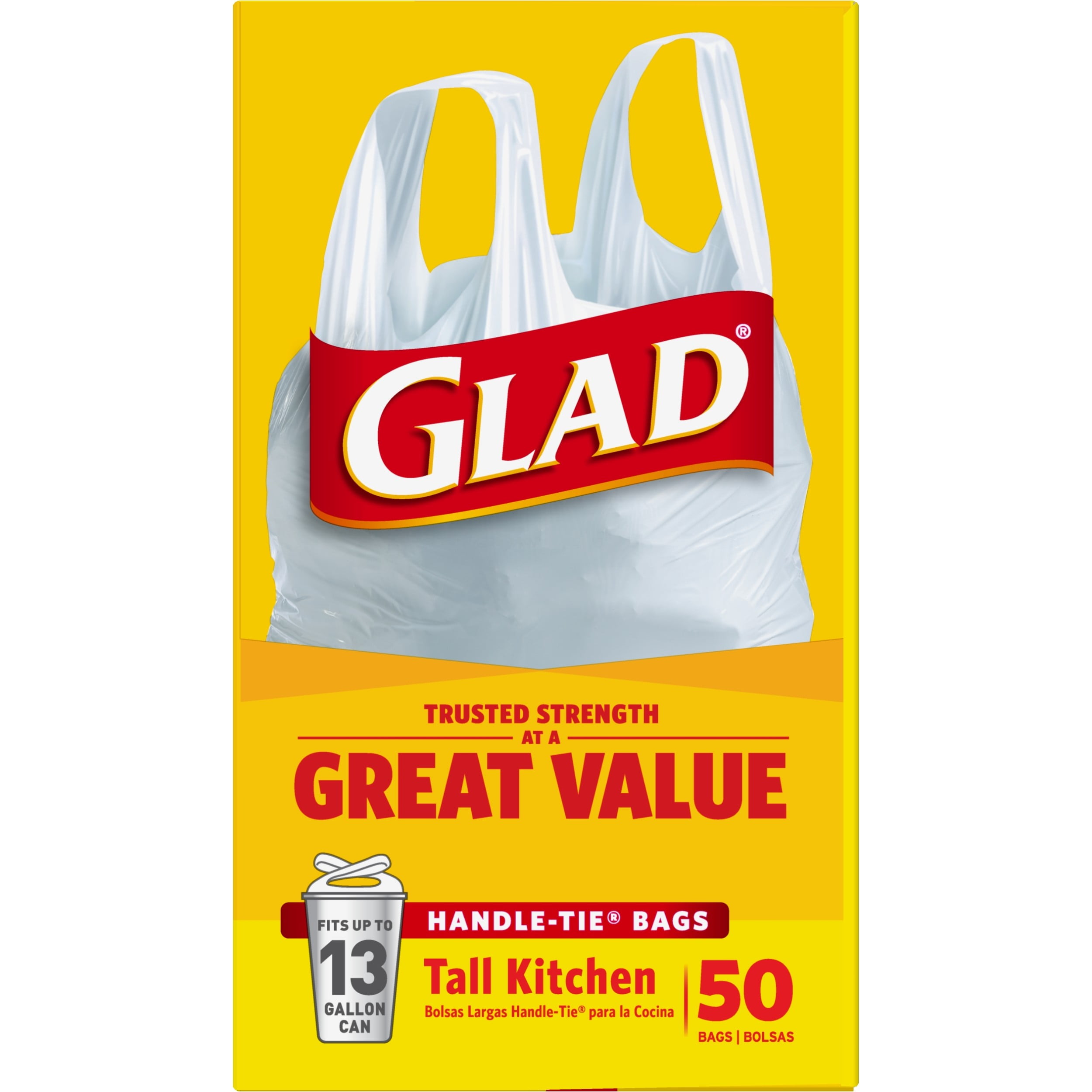 Glad 13 Gal. Tall Kitchen Handle-Tie Bags 50 ct (Pack of 4)