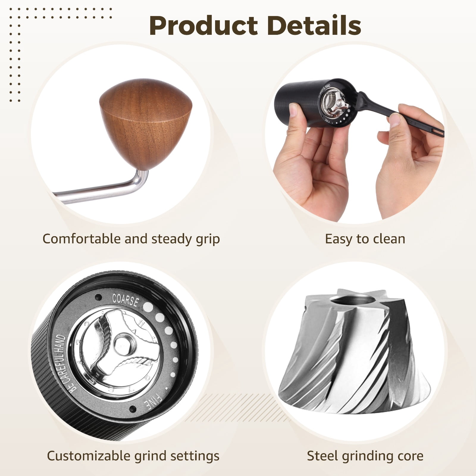 Manual Coffee Grinder, Hand Coffee Grinder with 6-Pointed Steel Core, Adjustable Grind Size, Ergonomic Handle, Portable Burr Coffee Grinder for Home, Travel, Office, Camping