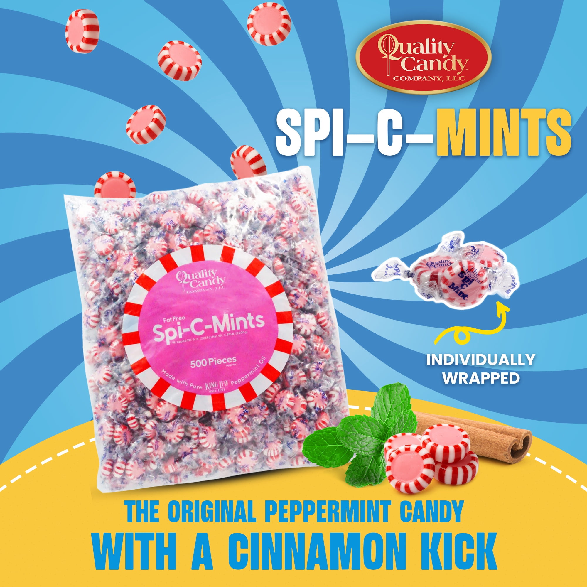 Quality Candy Company Spi-C-Mints – Classic Cinnamon & Peppermint Blend Hard Candy – Individually Wrapped for Restaurants, Offices & Everyday Enjoyment, 5 LB Bulk Bag