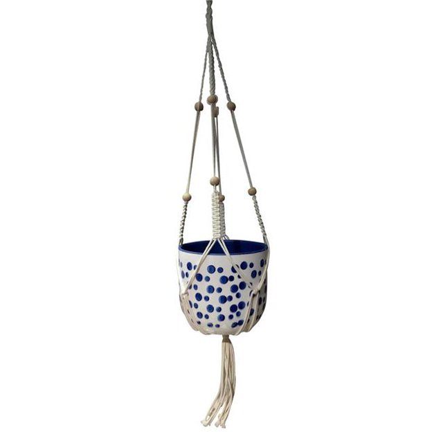 Benzara BM161713 Alluring Macram Hanging Ceramic Modern Planter, White & Blue